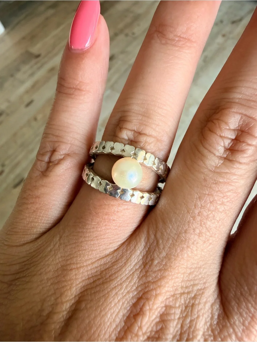 Tous Silver Ring with White Pearl Accent